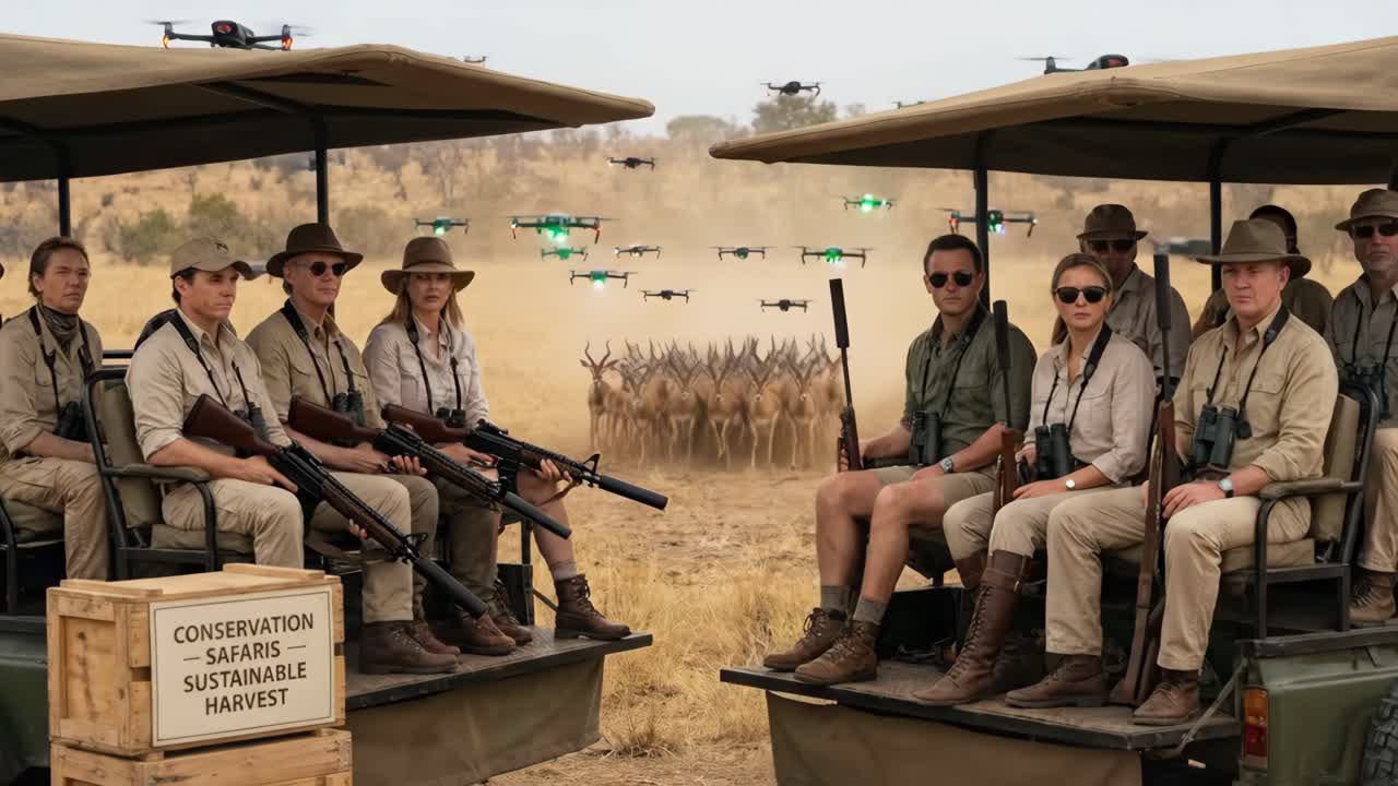 Cacciatori futuristici di safari con droni e fucili che prendono di mira le gazzelle