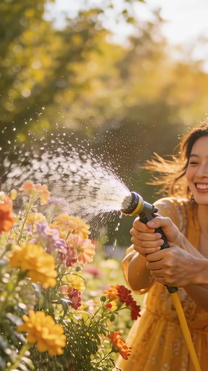 Video verticale: Donna in abito giallo che preme l'ugello e annaffia il giardino per bagnare i fiori, spazio per il testo