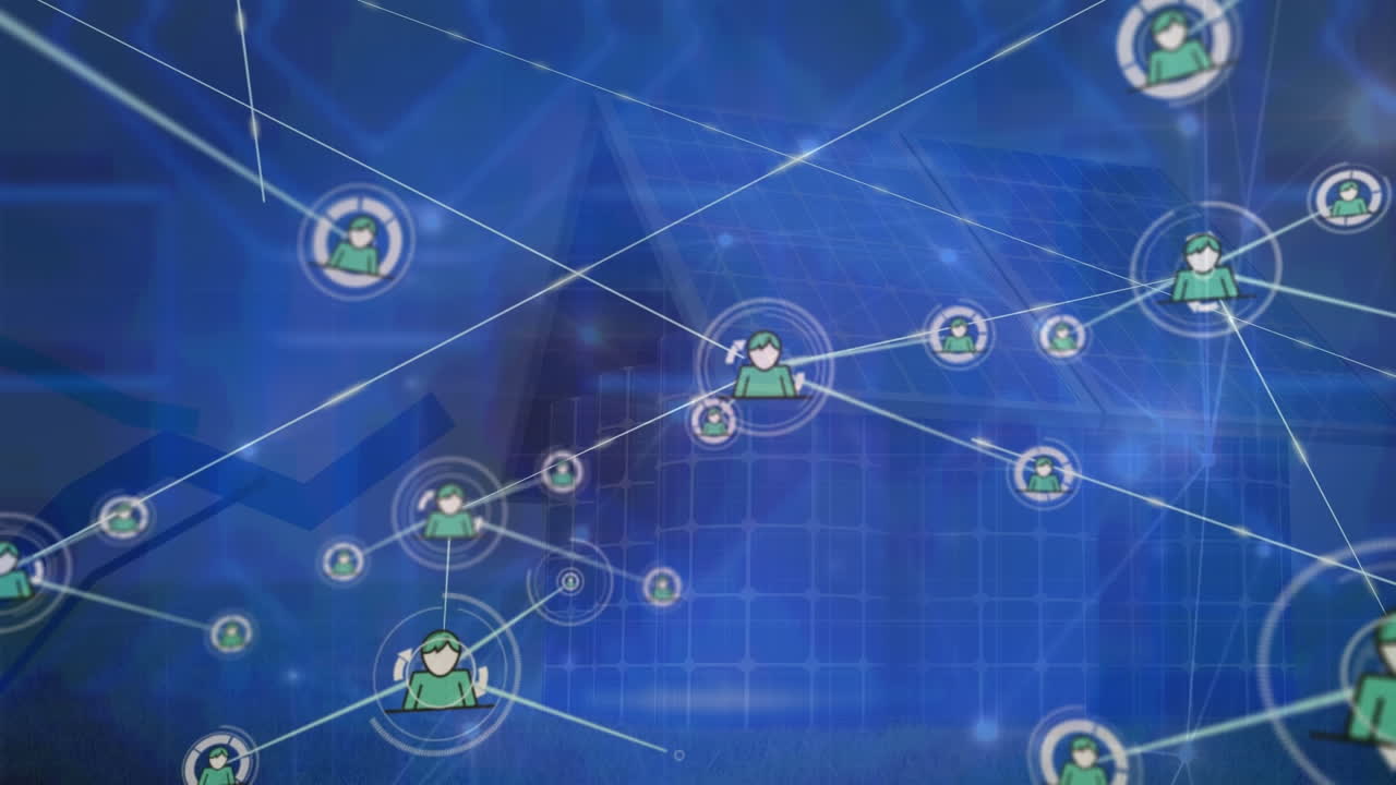 animación de la red de conexiones y gráfico sobre paneles solares