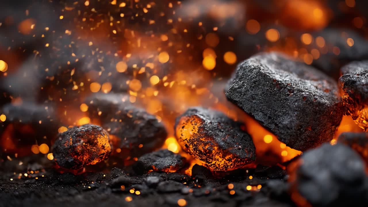 Eine Nahaufnahme von glühenden Kohlesteinen mit Funken und Flammen, die die intensive Hitze und das funkelnde Licht in einer dunklen Umgebung zeigt.