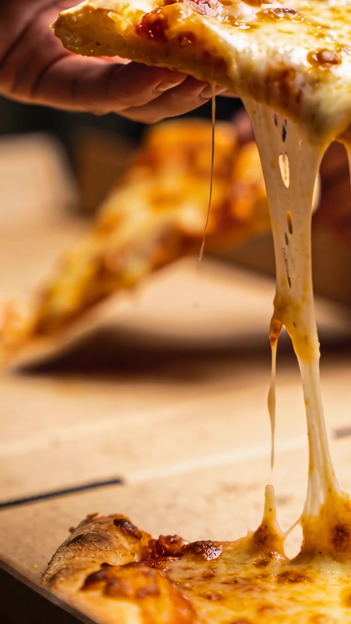 Video verticale: Mano che solleva e afferra la crosta, tirando una fetta di formaggio filante da una pizza in scatola, gocce che si allungano.