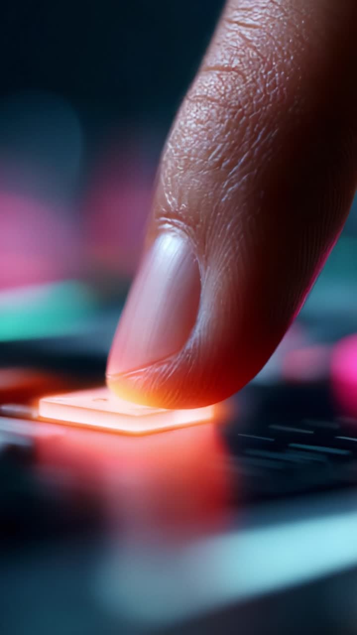 A Close-Up of a Finger Pressing an Illuminated Button on a Mixing Device, Showcasing the Intricacies of Sound Control and Visual Feedback in a Dynamic, Colorful Environment