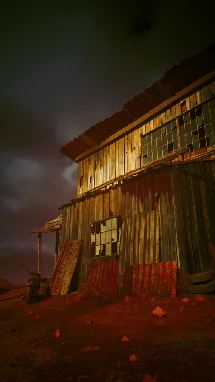 cabaña abandonada en el desierto al anochecer