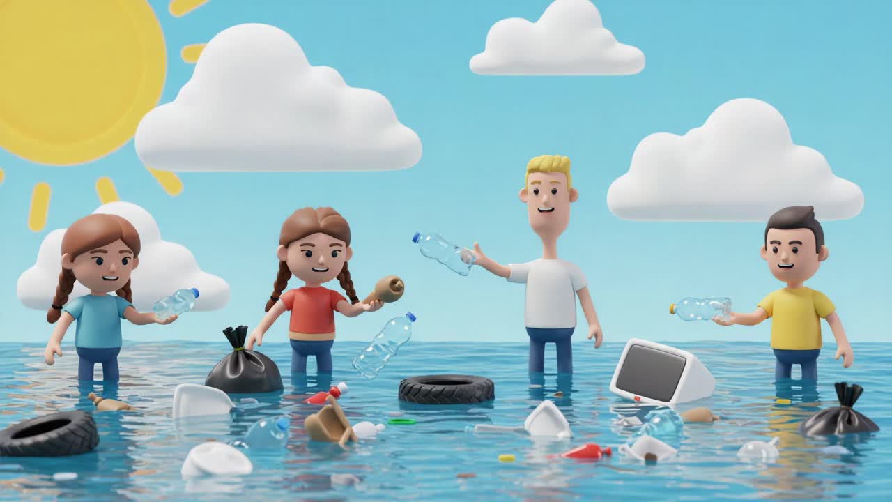 A group of animated characters engaged in an environmental cleanup, promoting awareness against water pollution and the impact of plastic waste in our oceans