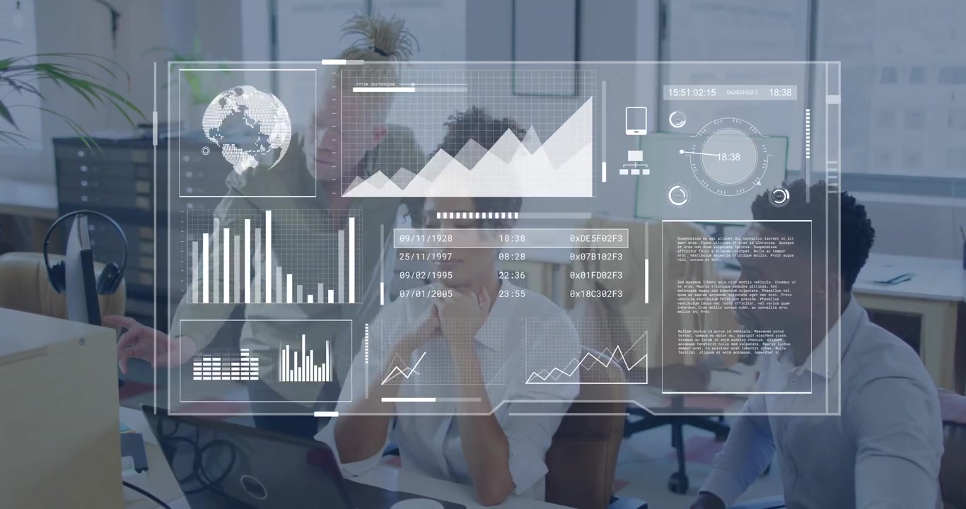 Team of three reviewing laptop data in office, HUD charts animating, causing alignment for business