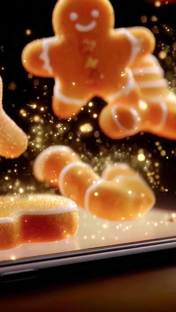 Enchanting Delights: A Festive Celebration of Golden Gingerbread Cookies and Sweet Confections Floating in Sparkling Magic, Perfect for the Holiday Season Full of Joy and Cheer