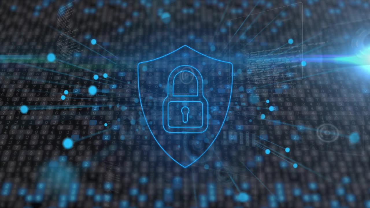 Animation of padlock and data processing over dark background