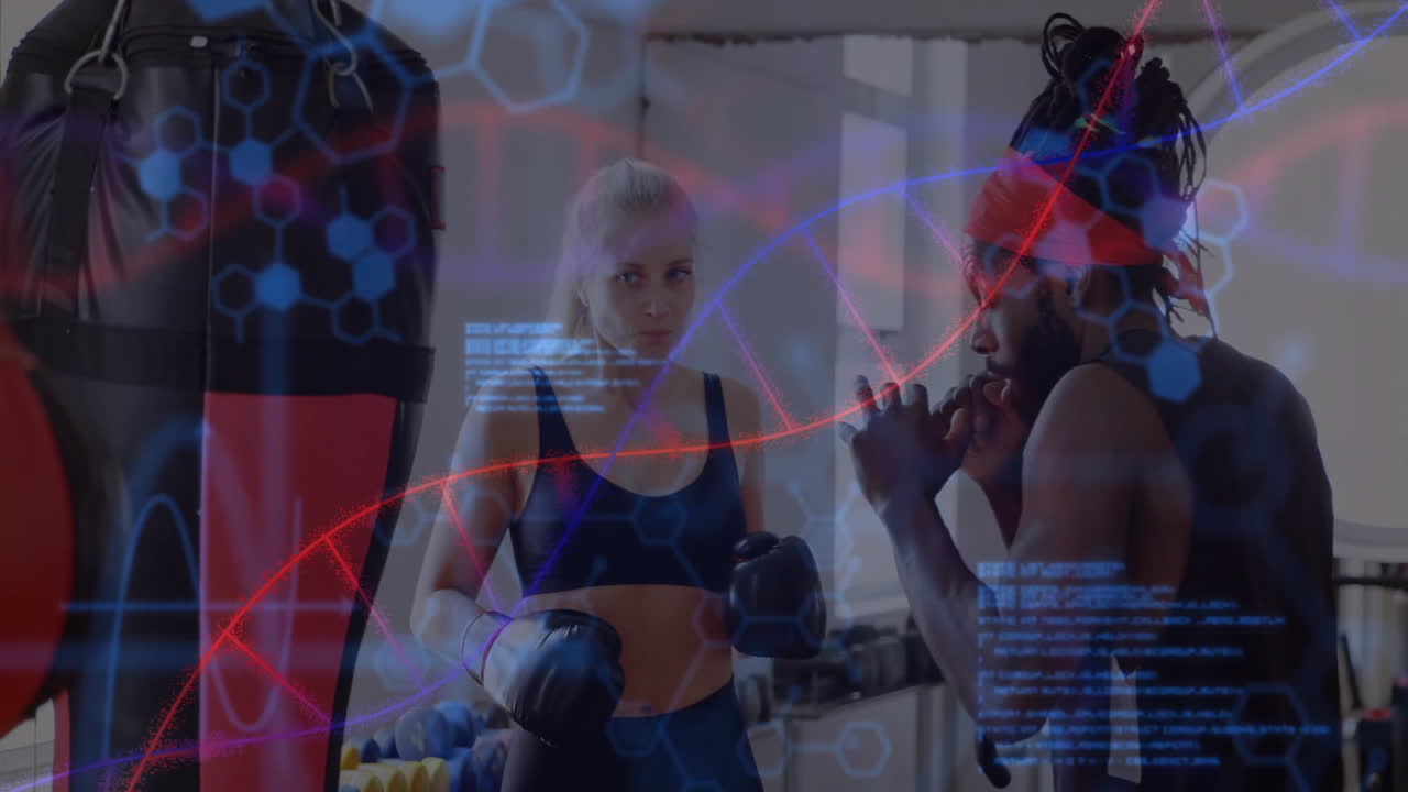 Female boxer and male trainer sparring in fitness gym, showing hexagon patterns, code lines