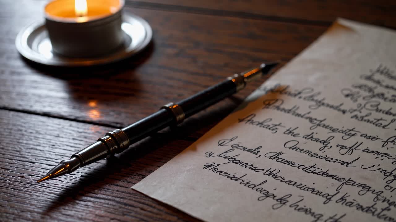 Close-up video of a vintage pen and handwritten letter on a wooden table, capturing a nostalgic