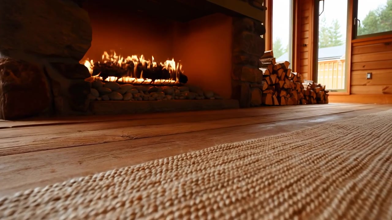 Middle frame of a cozy rustic living room featuring a lit stone fireplace, stacked wood, and a textured woven rug in the foreground