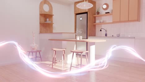 modern kitchen with wooden cabinetry, white countertops, central island with stools, and decorative accents. bright and minimalist interior design with light trail effects