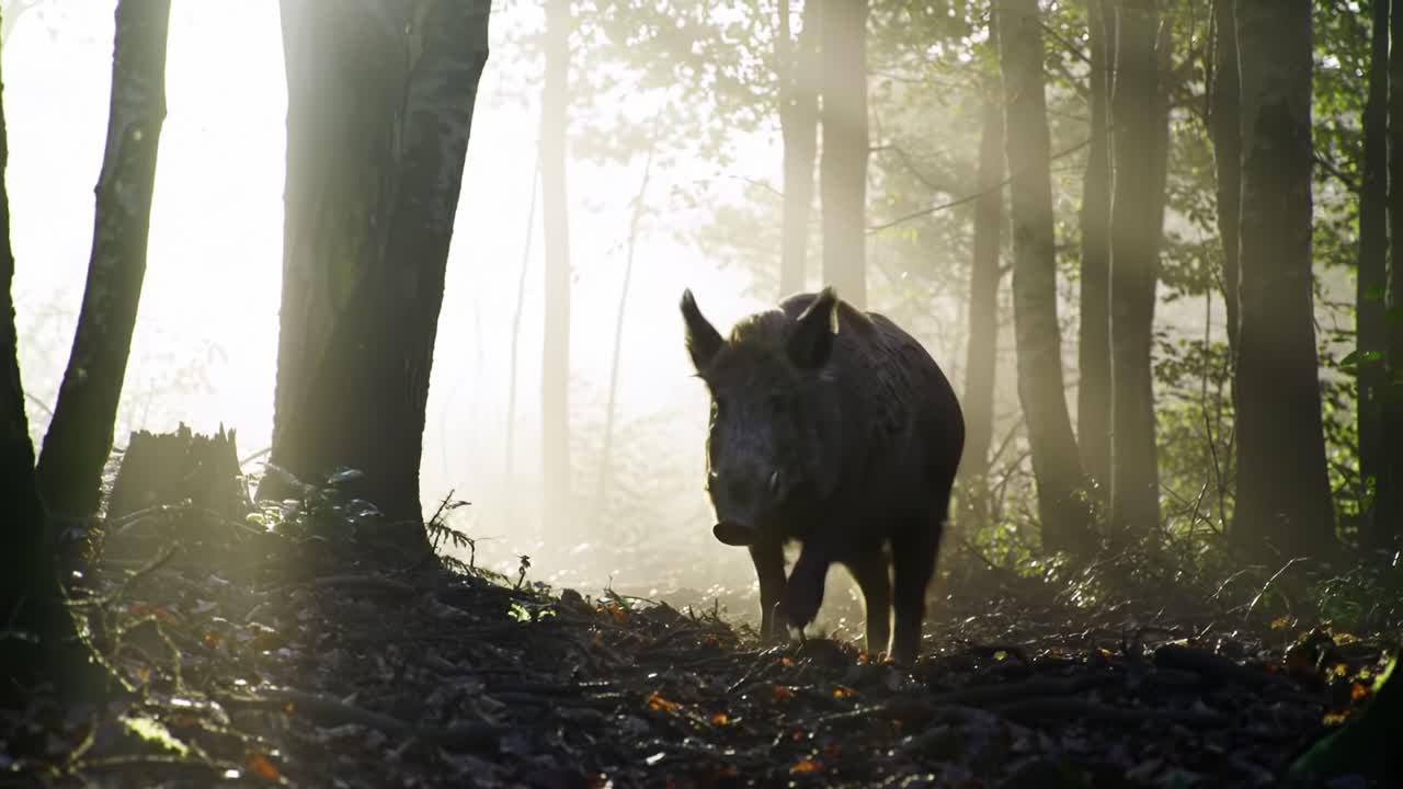 Un incontro mistico: Un cinghiale che vaga attraverso una foresta serena e nebbiosa alla luce del primo mattino, catturato in due splendide inquadrature.