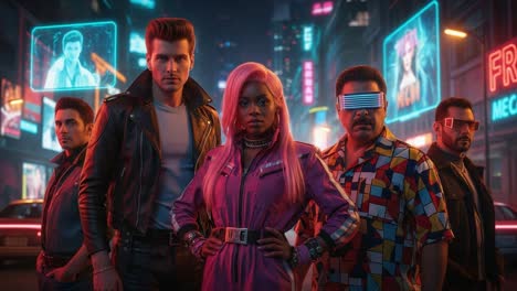 a stylish group of five individuals in a neon cityscape, exuding retro futuristic vibes with vibrant colors and eye-catching fashion against a glowing backdrop