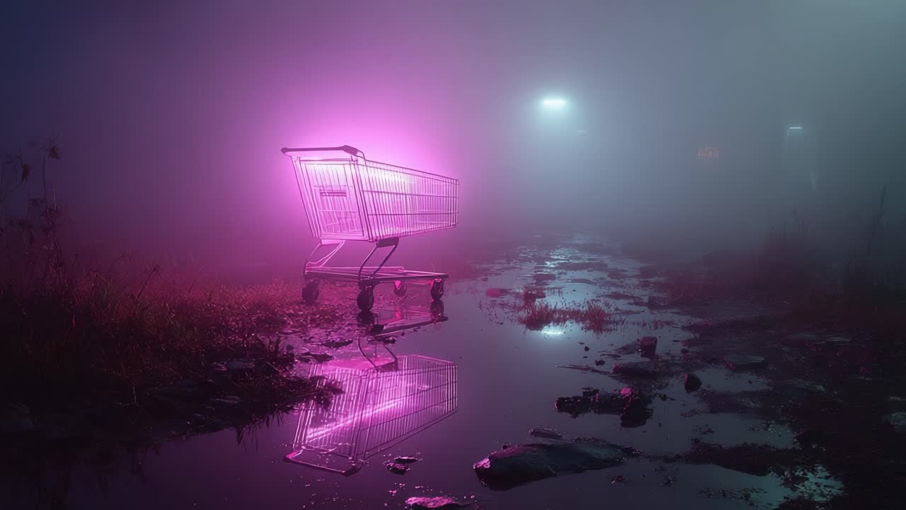 Un carrello della spesa surreale illuminato con sfumature rosa si riflette in un paesaggio nebbioso, fondendo elementi urbani con un'atmosfera eterea.