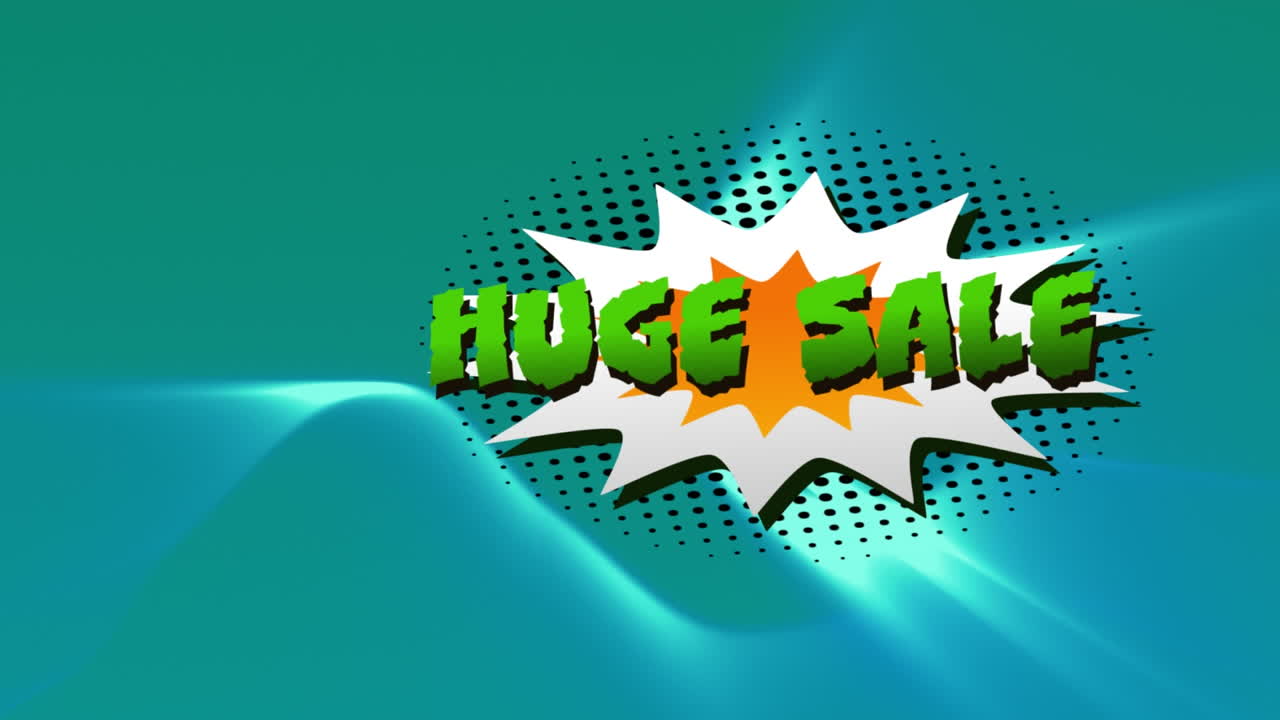 파란색 배경의 디지털 파도에 대한 레트로 연설 거품에 대한 거대한 판매 텍스트