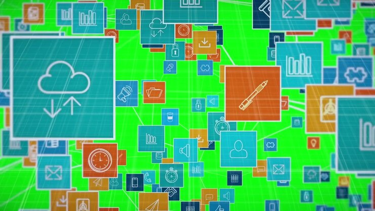 Animation of digital icons over green screen background