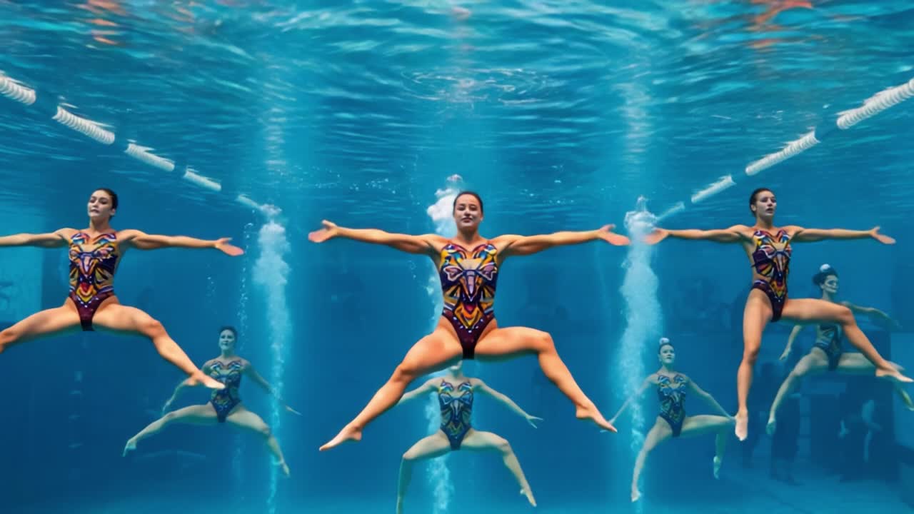 A Captivating Display of Synchronization and Grace Beneath the Water: Swimmers Perform Stunning Acrobatic Moves in Perfect Harmony, Showcasing Teamwork and Skill