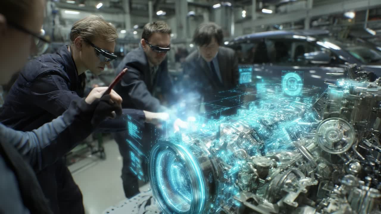 Innovative Engineers Collaborating on Cutting-Edge Technology: Team Members Analyzing and Enhancing a Futuristic Engine Using Advanced Visualizations and Augmented Reality in a High-Tech Setting