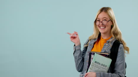 Hand,-pointing-and-woman-in-college-with-a-choice