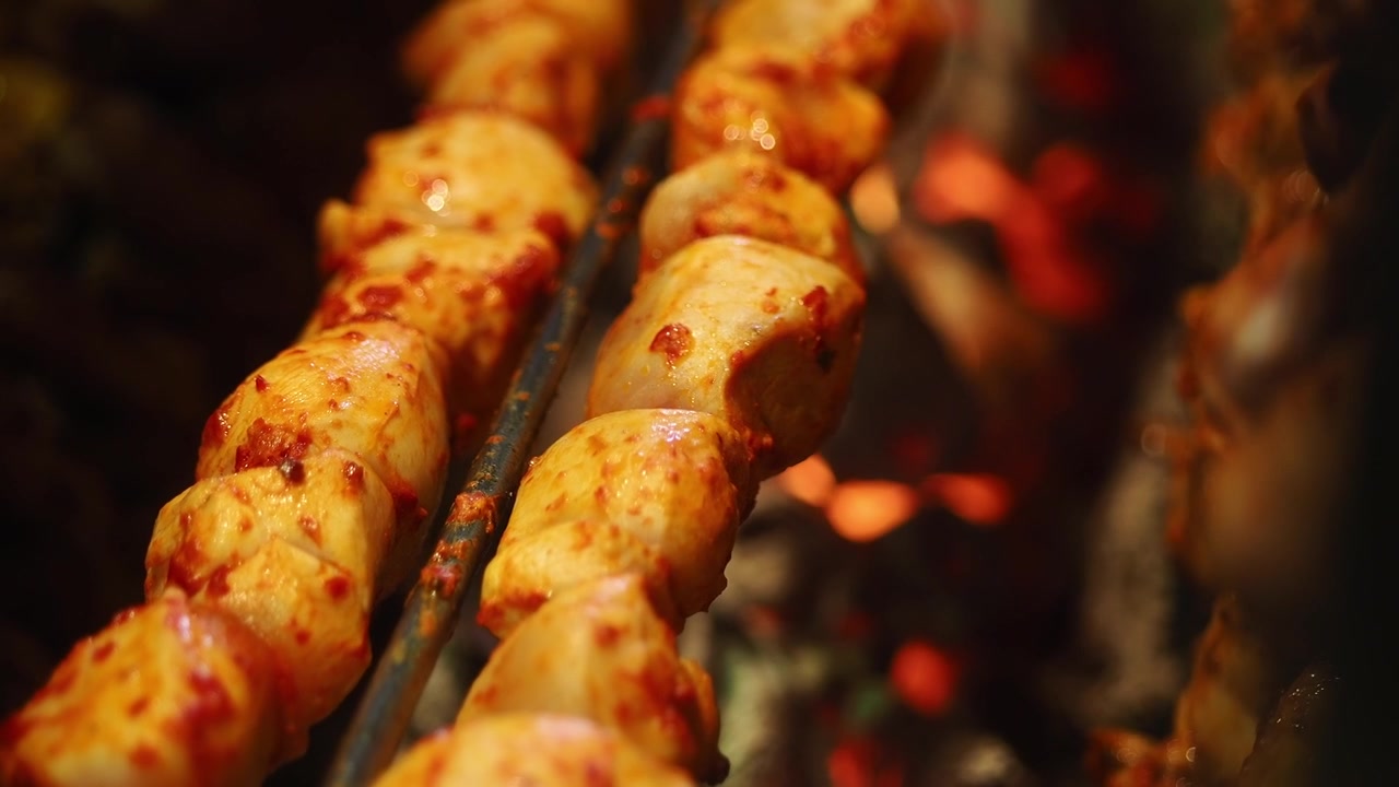 Marinated Chicken Skewers Grilling Over Hot Charcoal Embers