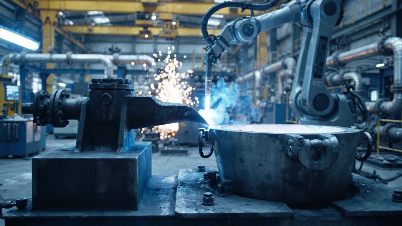 Automated Industrial Welding Process in a Manufacturing Facility, Featuring Robotic Arm and Sparks Emanating from Heated Metal in a High-Tech Environment