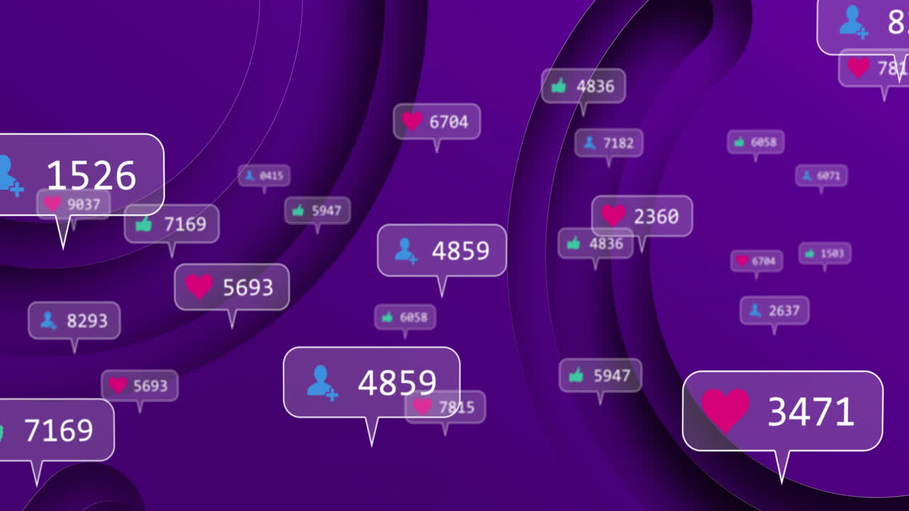 Purple abstract design displaying floating social media metric bubbles across concentric gradients