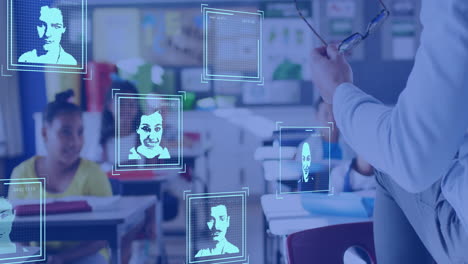 animation of digital id profiles processing over diverse male teacher and schoolchildren in class