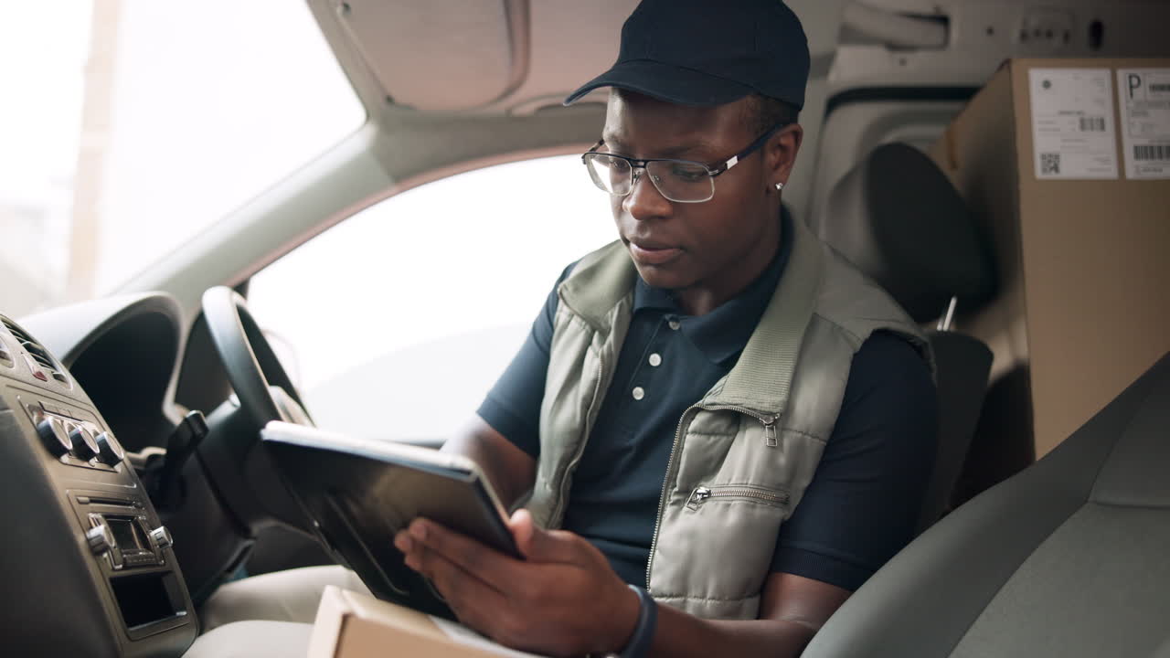 Delivery driver using tablet in van