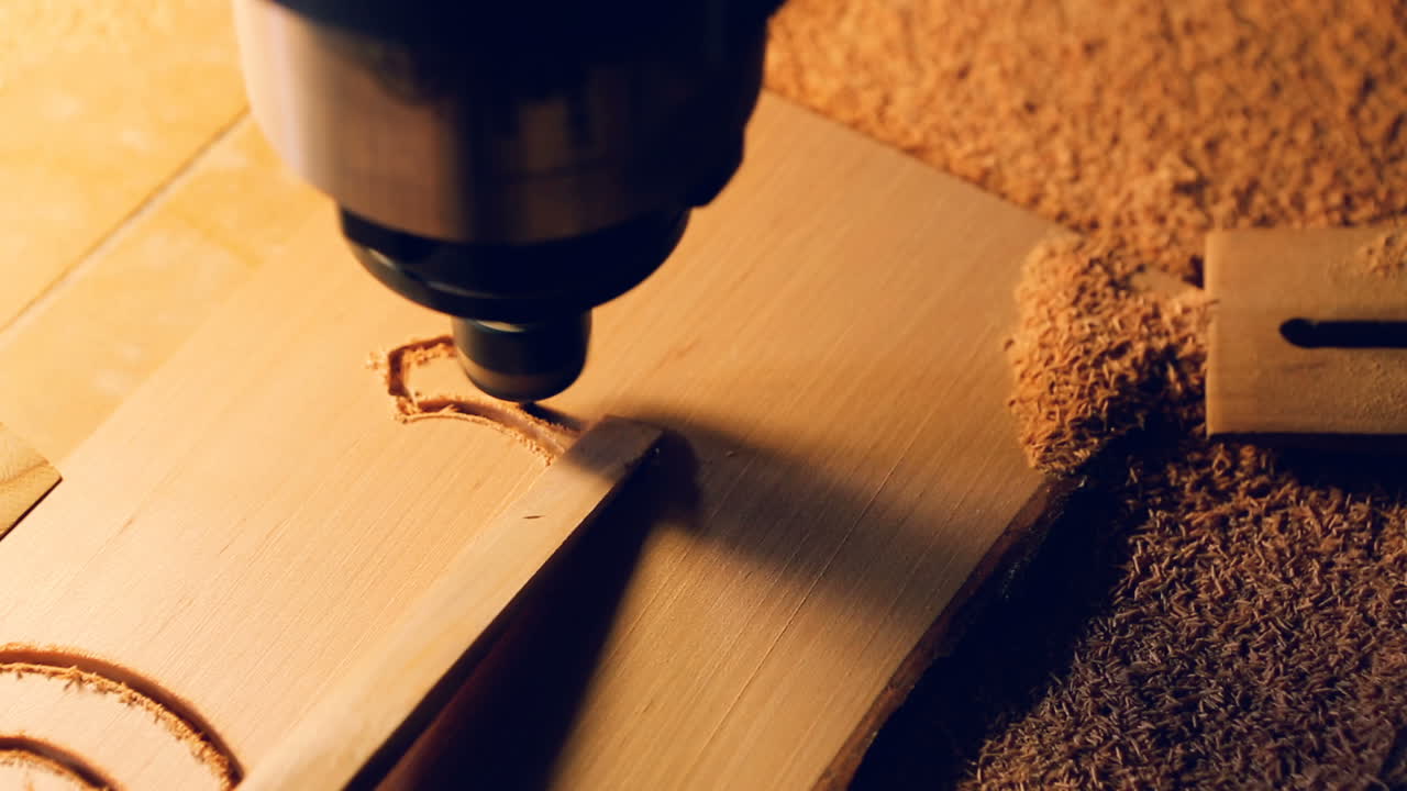 Wood Cut Machine With Drill Is Cutting Out Wooden Molds. Industrial wood cut machine with drill is cutting out wooden molds. Small business concept