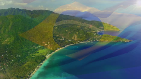 animation of flag of brazil blowing over beach landscape