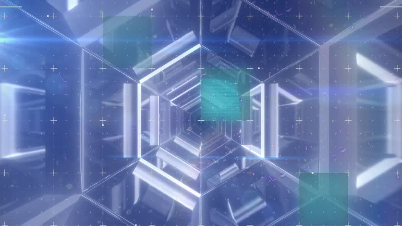 추상적인 배경 위의 육각형 터널 위의 오류 기술의 애니메이션