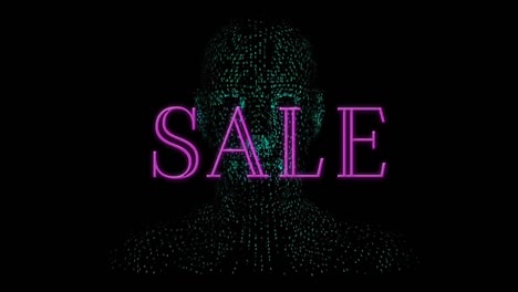 Animation-of-sale-text-over-dots-forming-human-against-black-background