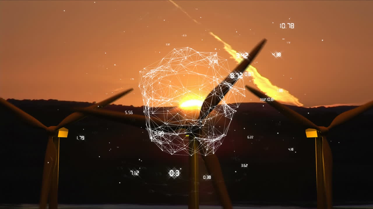 turbinas eólicas y globo blanco con datos