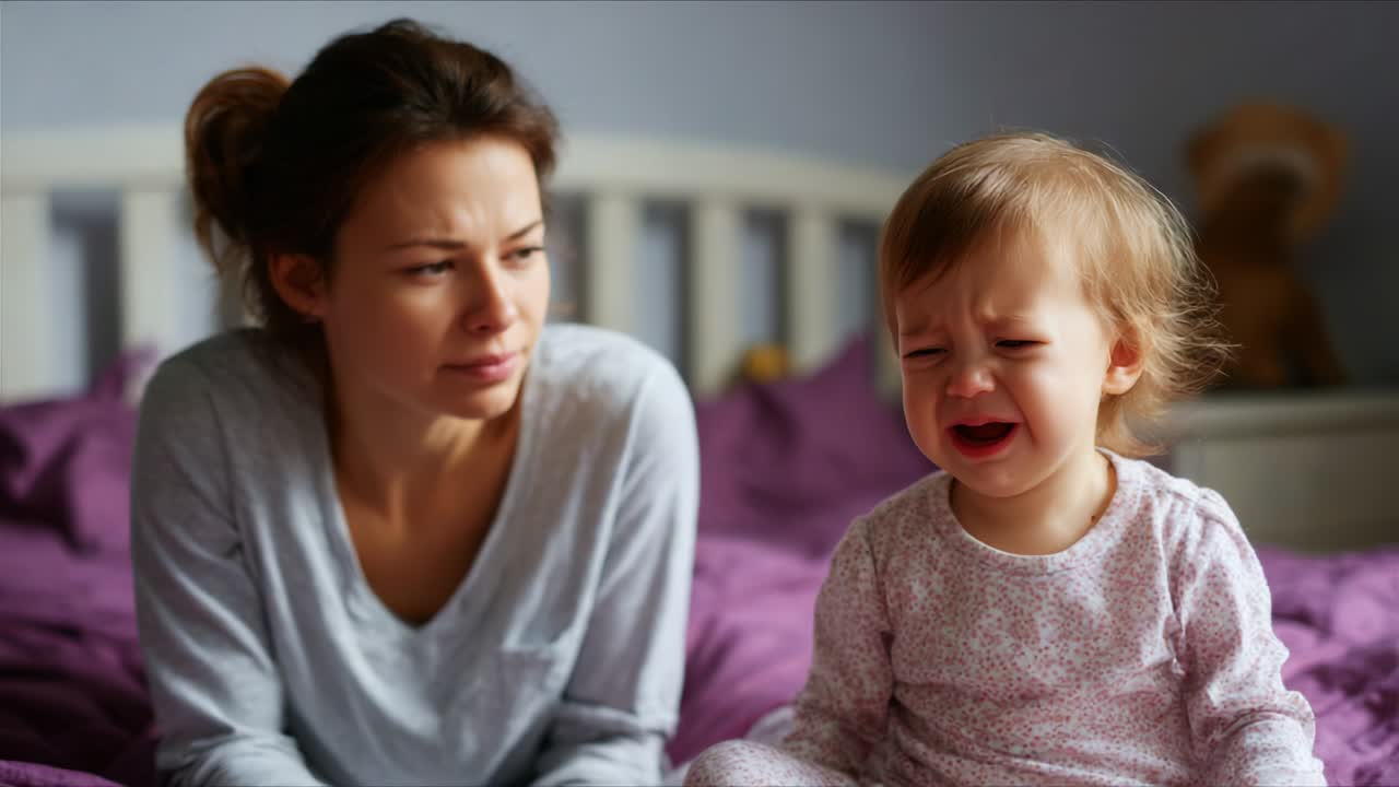 A concerned mother looks on as her crying toddler expresses distress, capturing a poignant moment of parenting conveyed through their emotions in a serene bedroom setting