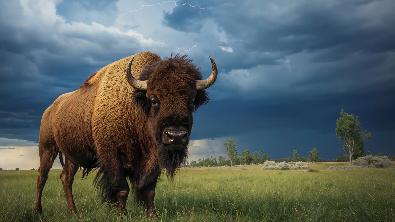 Seeing lightning, adult bison turning and walking right across plain seeking shelter from storm