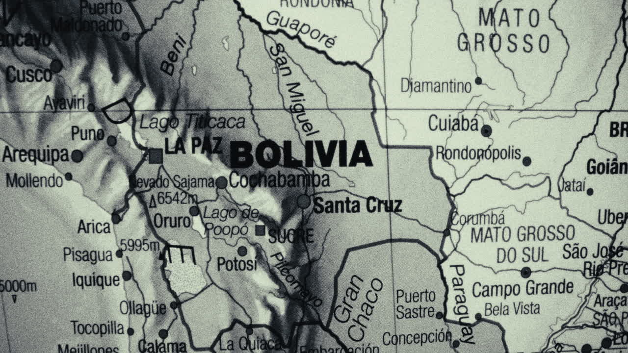Detailed Black and White Map of Bolivia and Surrounding South American Regions