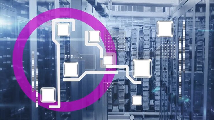 Animation of moving shapes over server room