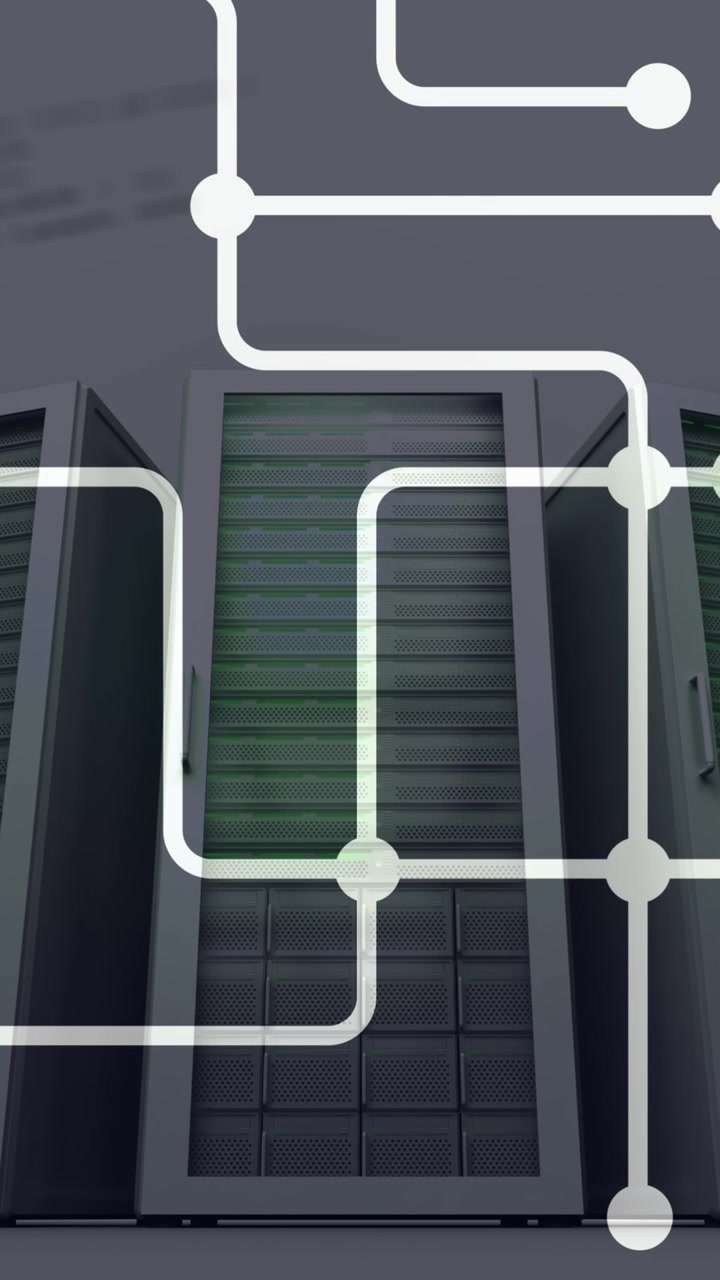 Animation af et netværk af forbindelser og databehandling over et serverrum.