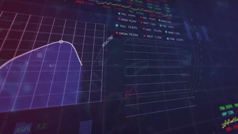 Animation-of-network-floating-over-graph-and-charts-processing-data-on-black-background