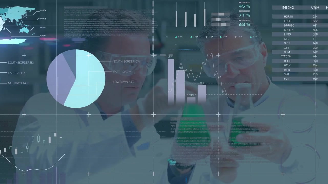 Two scientists lifting green flasks, analyzing solution as overlays appearing, animating charts