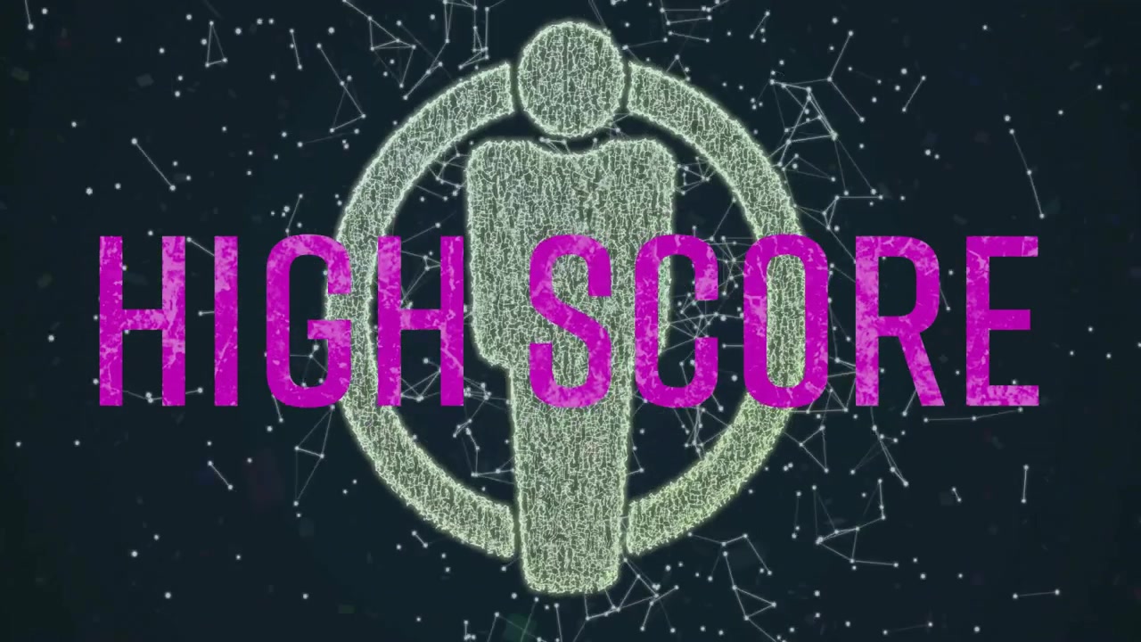 Glitchande magentafärgad text visar HIGH SCORE medan partiklar bildar en användarikon mot ett mörkt nätverk