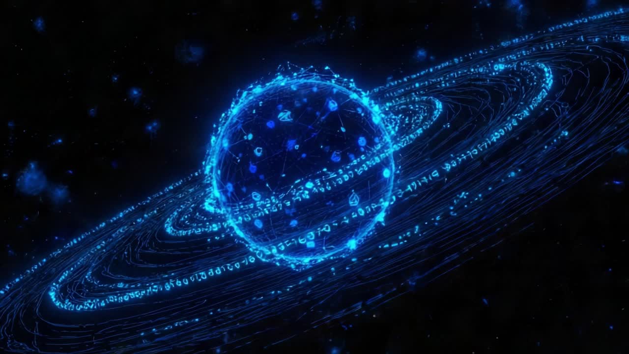 Futuristic planet made of glowing blue data and a plexus network slowly rotating in space. Its rings are formed by streams of binary code, representing concepts like big data and global networks
