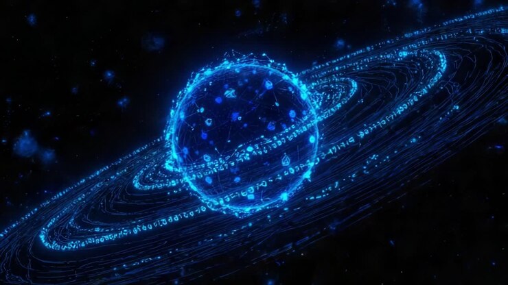Futuristic planet made of glowing blue data and a plexus network slowly rotating in space. Its rings are formed by streams of binary code, representing concepts like big data and global networks