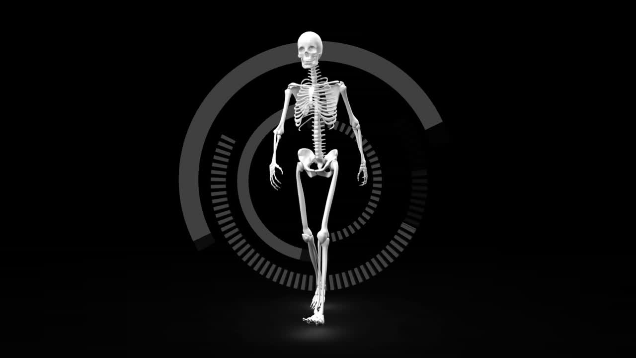 esqueleto digital caminando contra un fondo oscuro