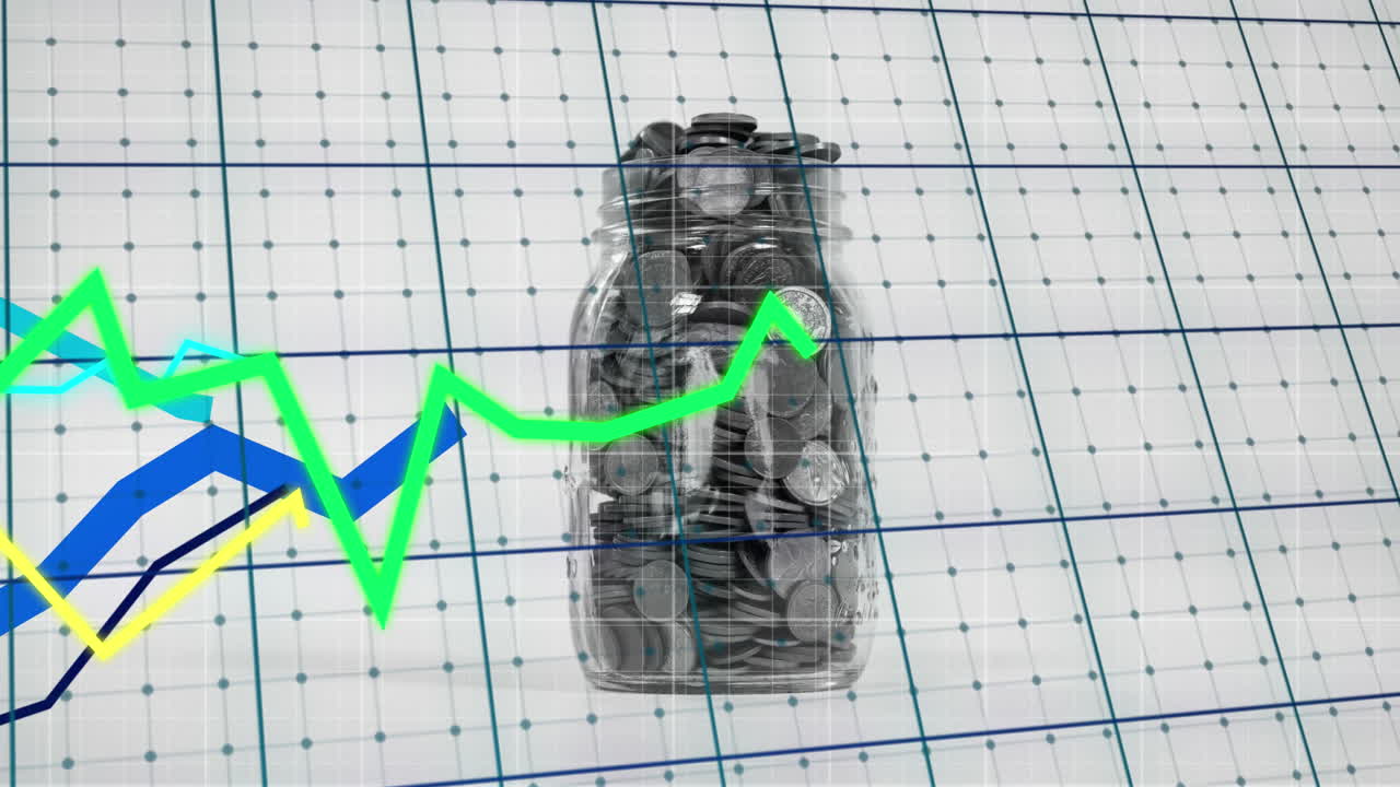 animación del procesamiento de datos financieros sobre un frasco de monedas