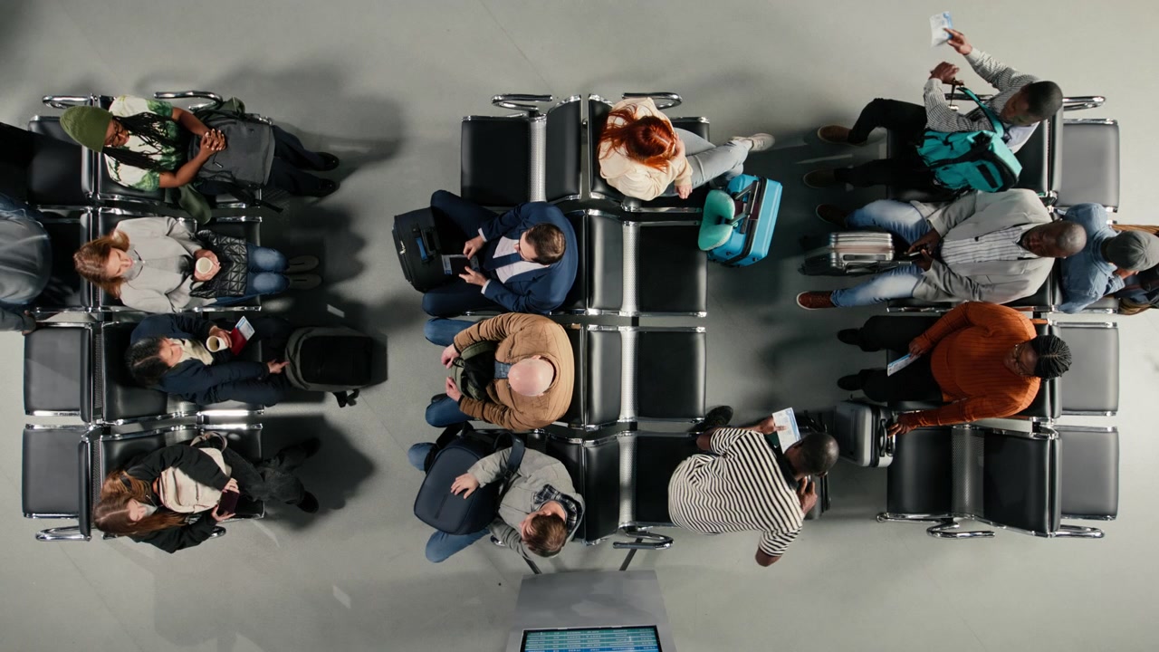 Moving through air transportation hub, busy passenger flow concept
