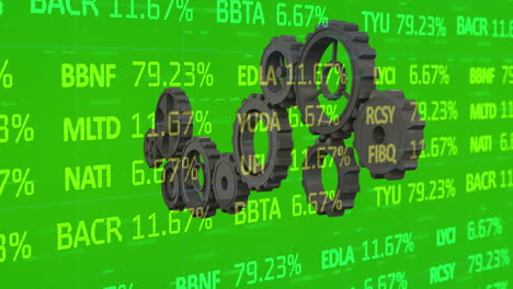 animación de engranajes que giran sobre datos del mercado de valores en fondo verde