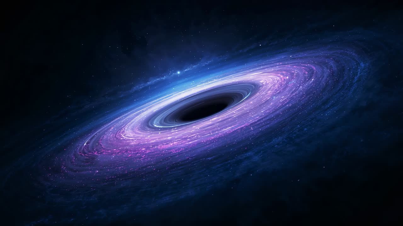 On start initiating disk rotating around supermassive black hole in space, feeding on gas and dust