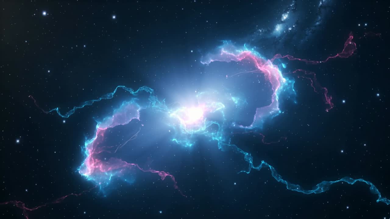 Pulsing nebula core emitting light and expanding in space, with cyan magenta filaments and stars