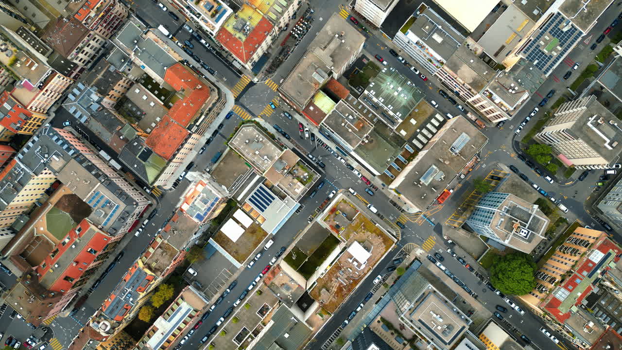 Aerial, drone view of the streets and buildings of Geneva, Switzerland